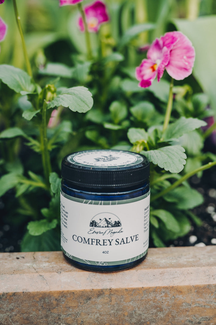 A jar of Comfrey Salve placed on a wooden surface with pink flowers and green foliage in the background.