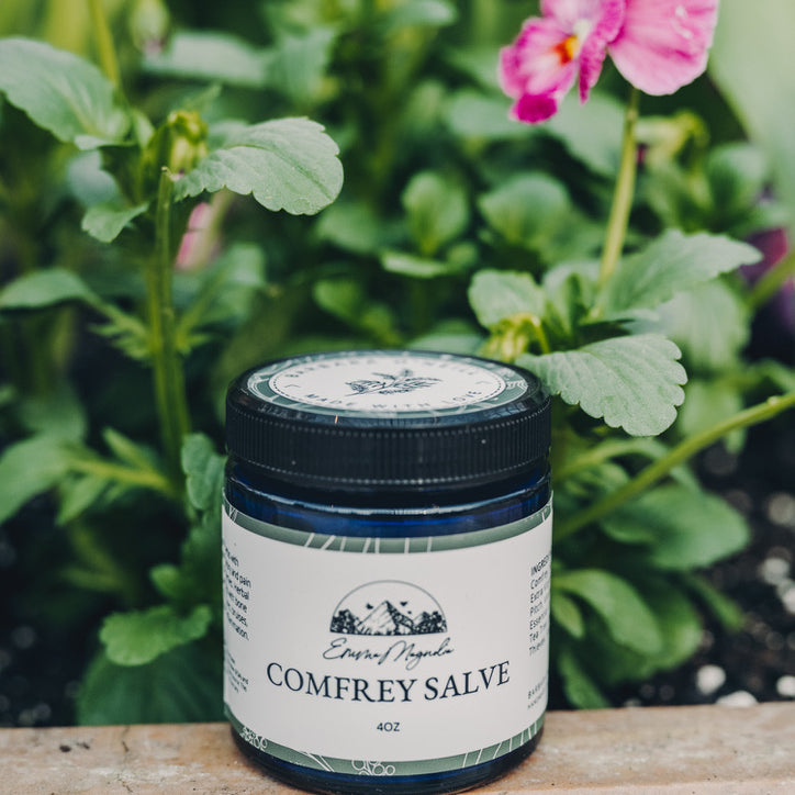 A jar of Comfrey Salve placed on a wooden surface with pink flowers and green foliage in the background.