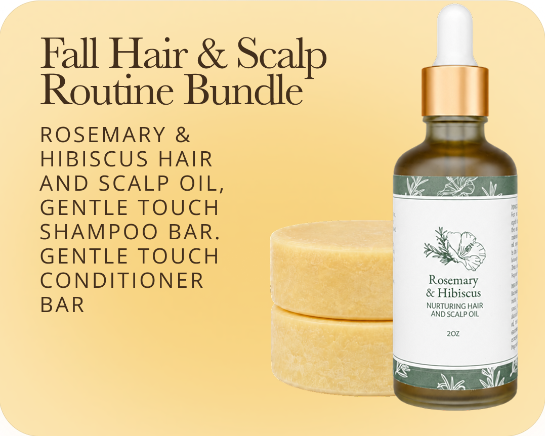 A promotional graphic for a 'Fall Hair & Scalp Routine Bundle' featuring a bottle of Rosemary & Hibiscus scalp oil, a shampoo bar, and a conditioner bar on a pale yellow background with black text.