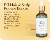 A promotional graphic for a 'Fall Hair & Scalp Routine Bundle' featuring a bottle of Rosemary & Hibiscus scalp oil, a shampoo bar, and a conditioner bar on a pale yellow background with black text.