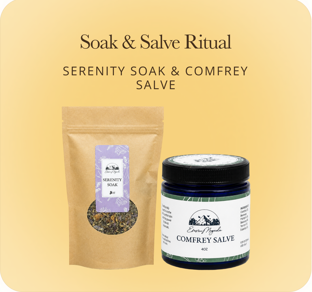 A product bundle for 'Soak & Salve Ritual' featuring a kraft paper pouch of Serenity Soak and a dark blue glass jar of Comfrey Salve, presented on a soft yellow rounded square card with text.