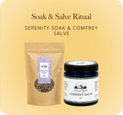 A product bundle for 'Soak & Salve Ritual' featuring a kraft paper pouch of Serenity Soak and a dark blue glass jar of Comfrey Salve, presented on a soft yellow rounded square card with text.