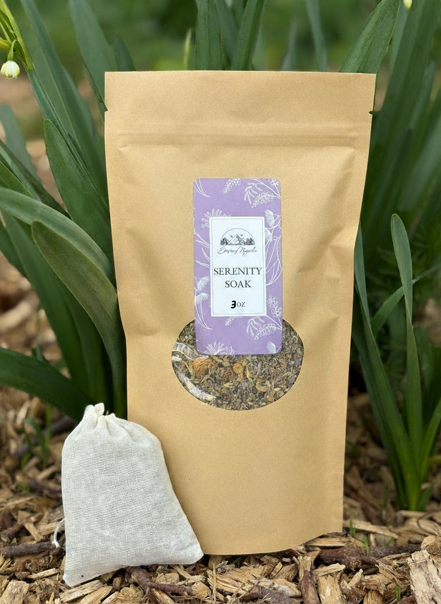 Brown package of 'Serenity Soak' with a purple label on a natural background