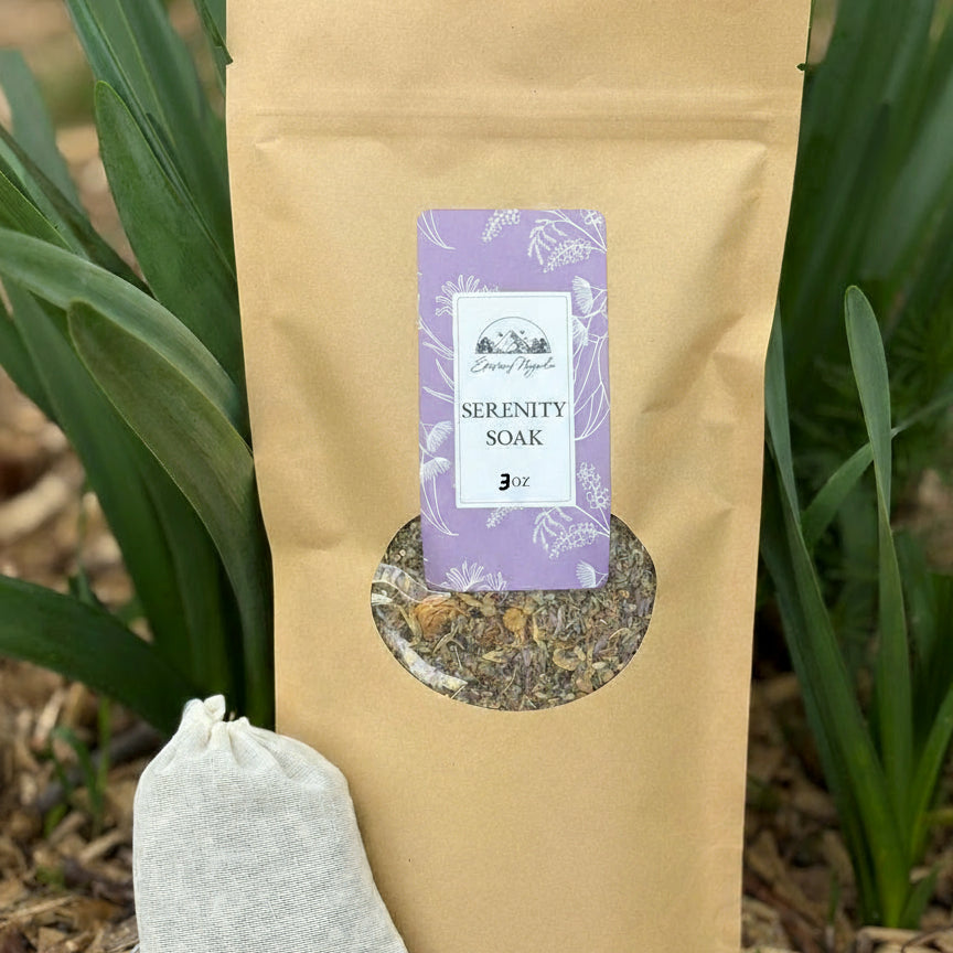Brown package of 'Serenity Soak' with a purple label on a natural background
