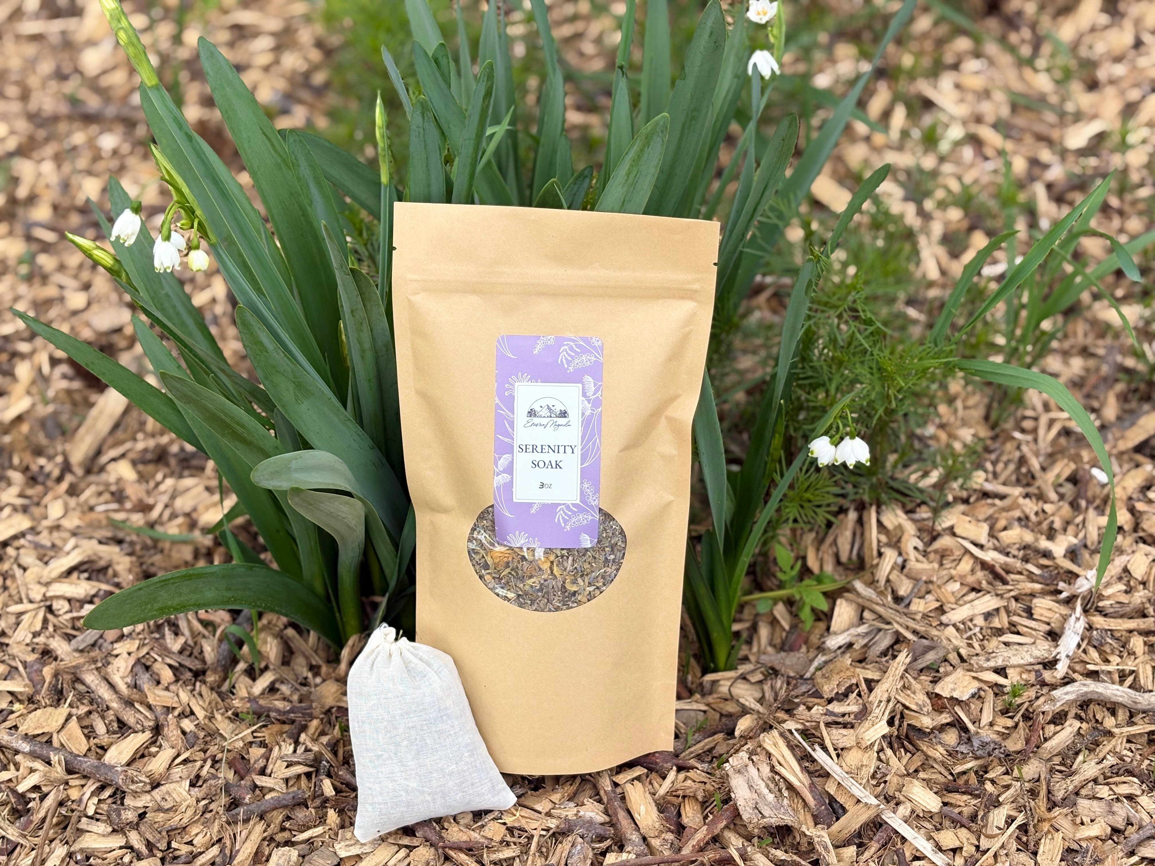 Serenity Soak packaging with a label on a natural background
