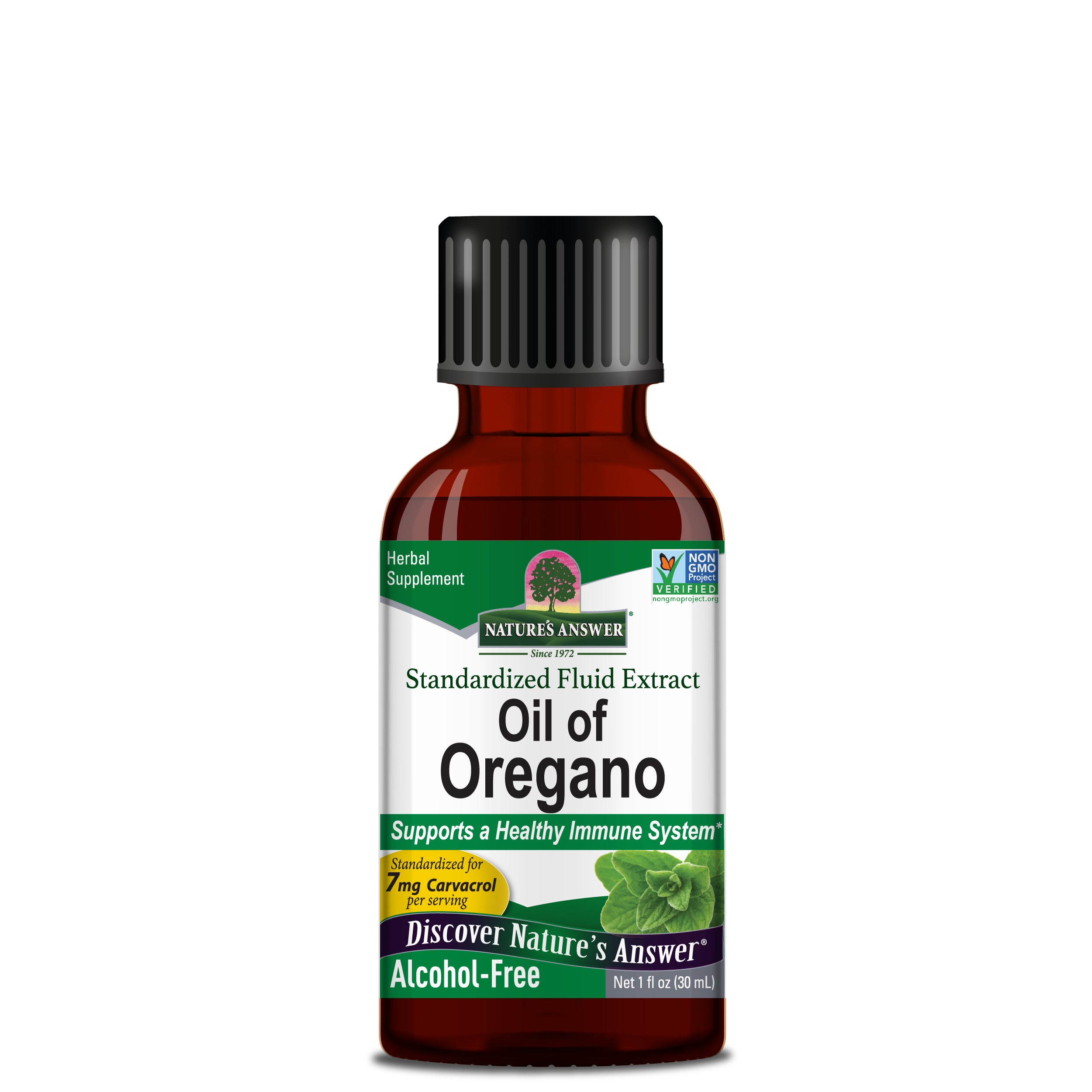 Bottle of Oil of Oregano supplement made by Natures Answer on a white background