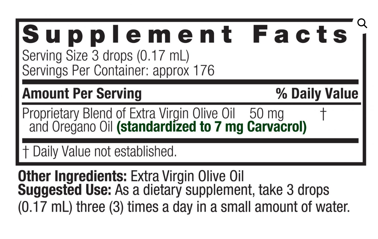 Supplement facts label for a product with olive oil and oregano oil.